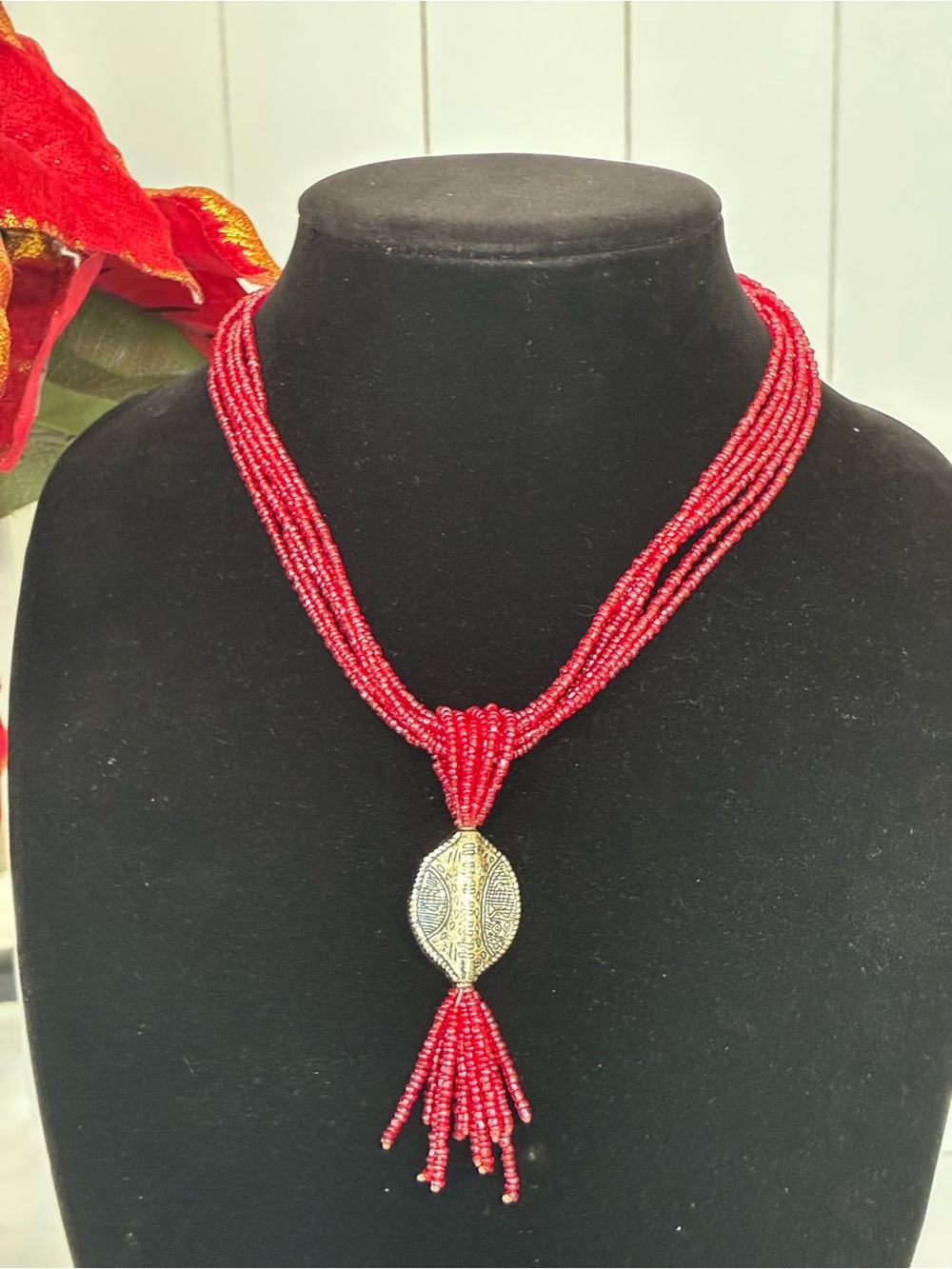 Red Multi-Strand Beaded Necklace with Gold-Tone Pendant